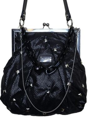 Custom Studded Kate Landry Frame Shoulder Bag Medium Black Poly Fabric Y2K